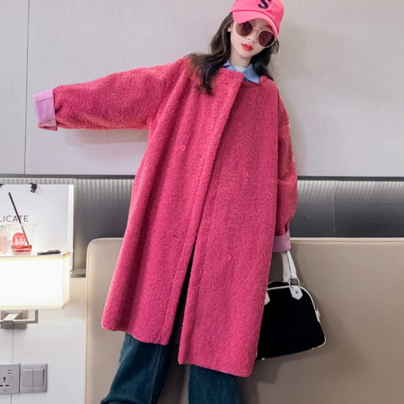 Girls Woolen Coat Overcoat Jacket Windbreak 2023 Rose Warm Plus Thicken Winter Cotton Teenagers Outwear Children's Clothing