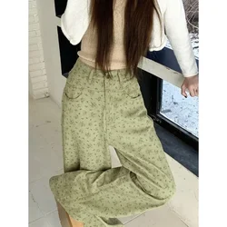Green Floral Straight Jeans Women Summer 2024 New High Waist Loose Wide Leg Pants Retro Mopping Pants