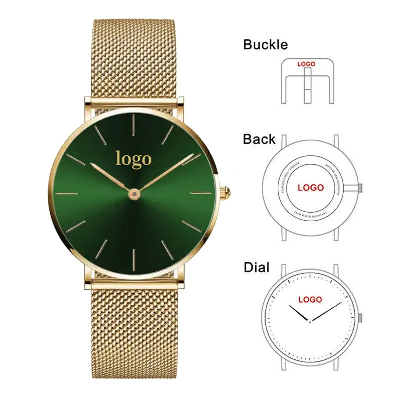 Golden Green Sun Shinning Dial Custom Logo Unisex Designed Watch Make Your Own Logo