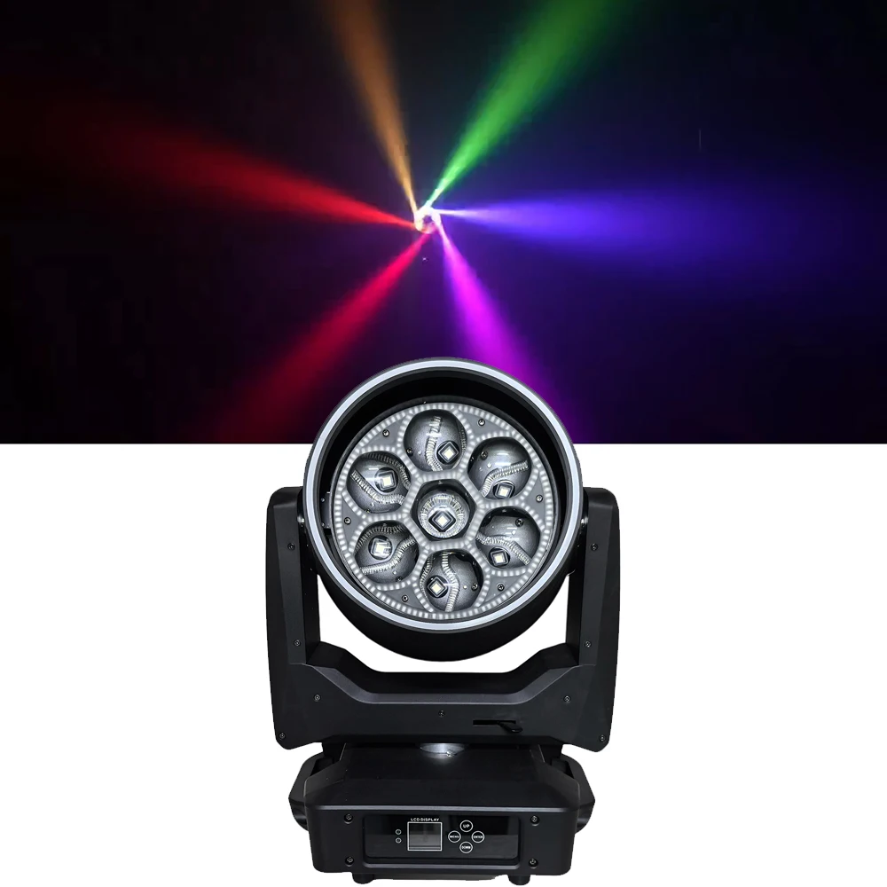 7X60W RGBW Big Bee Eye Moving Head Light 3.8°-41° Beam Angle XY Pan Tilt Stage Light DMX512 Sound Activated Strobe Effect Light