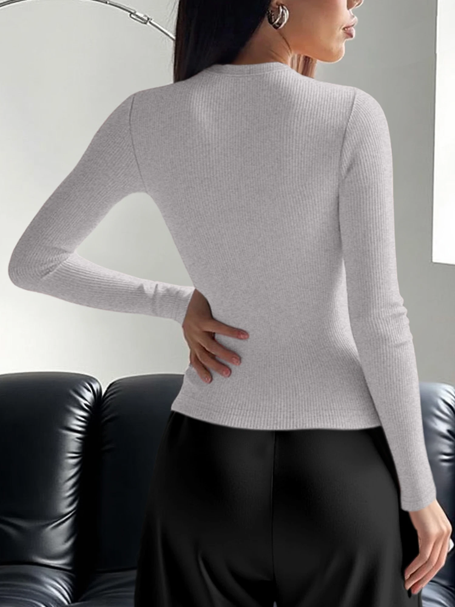 Täglich tragbares Damen-Rippenstrick-Oberteil mit Rundhalsausschnitt und langen Ärmeln, einfarbig, schmal geschnitten, weich, dehnbar, passendes T-Shirt – Detail 12
