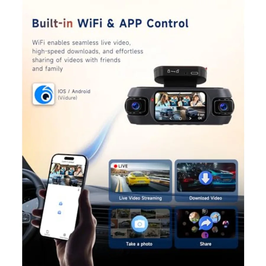4K 360 Dash Cam for car use, metal housing, black, 4-channel front/rear/inside/side recording with WiFi, APP control, built-in view 6