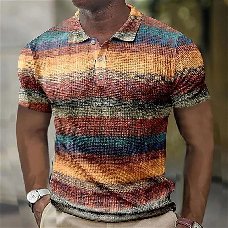 

3D Printed Color Block Stripes Polo Shirt For Men Vintage Pattern T-Shirt Summer Casual Oversized Tees Short Sleeves Lapel Tops