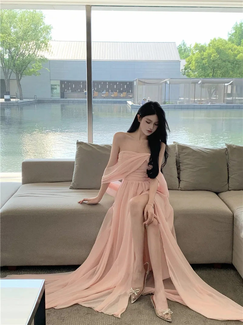 Topenomi Pink Wedding Evening Dress Women French Sexy Strapless Waist Split Train Long Party Dresses Elegant Cocktail Gown Robe