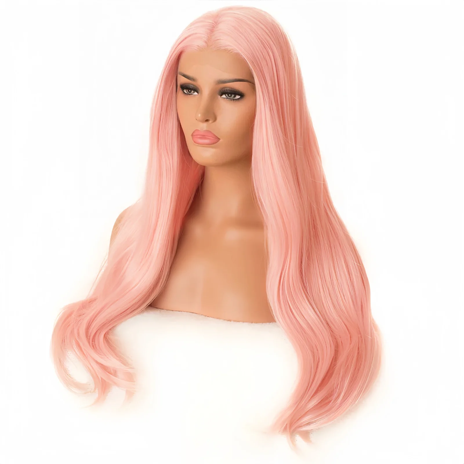 ยาววิกผมหยักสีชมพูสําหรับผู้หญิงสังเคราะห์กลาง Layered Natural Wave Curly สีชมพูอ่อนความร้อนทนวิกผมสําหรับงานปาร์ตี้