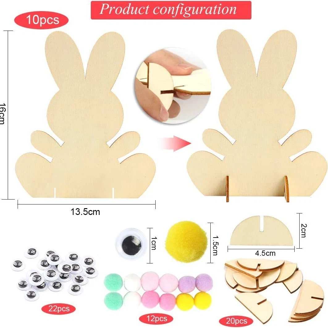 20Pcs Wooden Easter Ornaments to Paint Rabbit Bunny Wooden DIY Blank Unfinished Round Discs Ornament for Crafts Hanging Decor