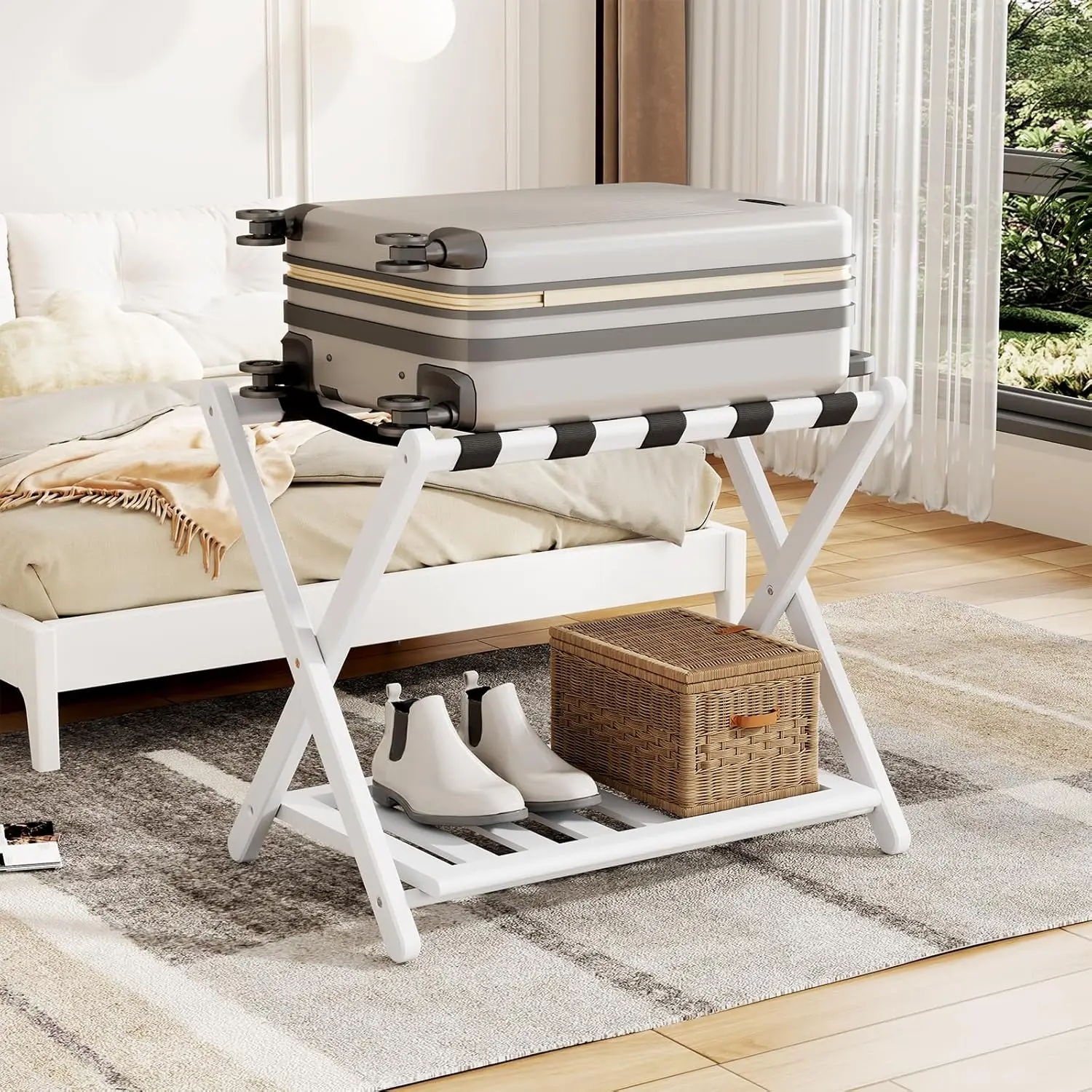 

Складная бамбуковая полка для багажа с полкой для обуви для спальни, гостиницы - готов к использованию