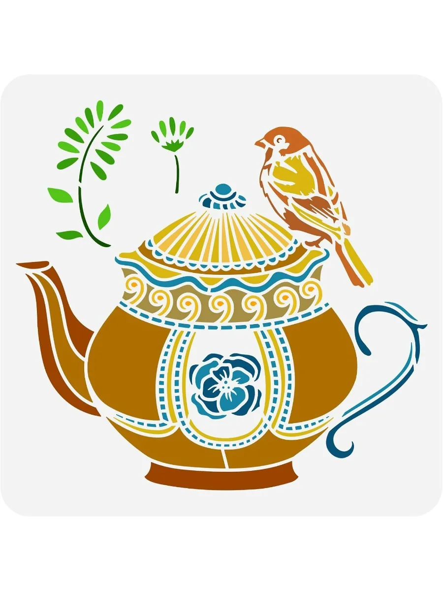 Teaport and Bird Stencil for Painting 11.8x11.8inch Large Afternoon Tea Drawing Template Reusable Teaport with Floral Pattern