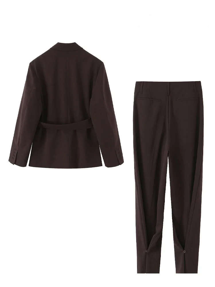 HH Abito da donna in 2 pezzi solido moda colletto rovesciato bottone cintura a maniche lunghe decorare giacca + pantaloni a pieghe con orlo tascabile estivo