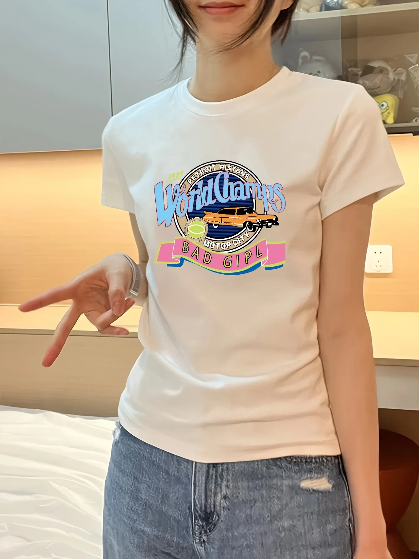

With Round Neck Summer Spring Spring Fashion Medium Elasticity Clothing Women's Retro Cartoon Graphic White Stretchy Sheer