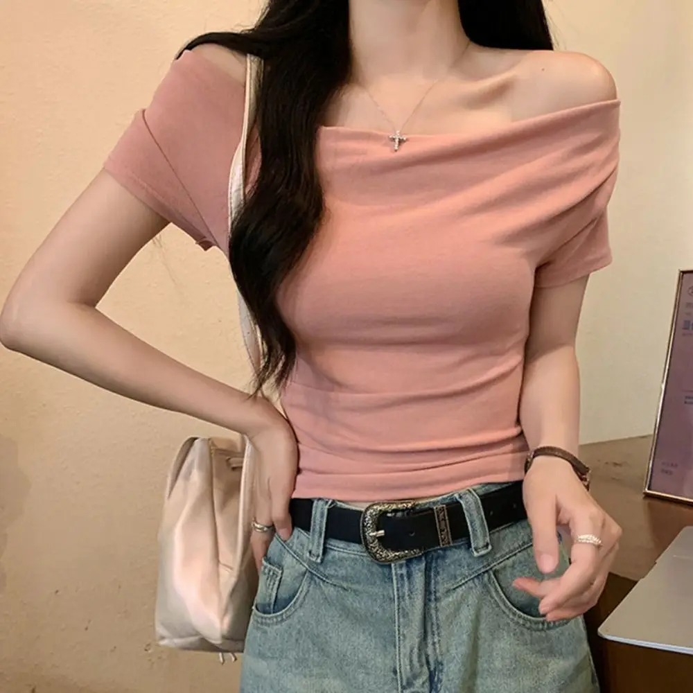

Thin Ruffle Short Sleeve T-shirt Pullover Slim Fit Off Shoulder Shirt Top Chic Korean Style Basic Tees Shirts Streetwear