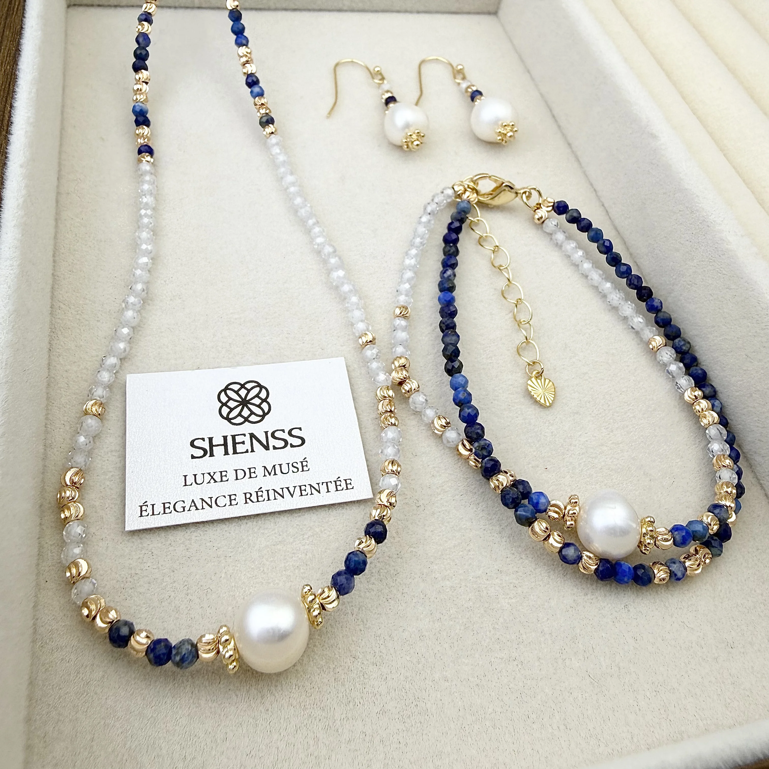 Lapis Lazuli & Zircon Pearl Jewelry Set Luxury Blue-White Contrast Necklace Bracelet Earrings Elegant Versatile Gift for Her