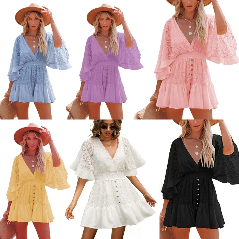 

Women's Summer Lace Mini Dress Sexy V Neck Batwings Sleeve Ruffle Dress Casual Highs Waist Flowys Swing Short Dress Gift