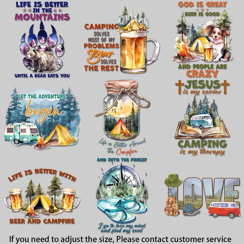Camping Outdoor Leisure Theme Heat Transfer Printing Stickers Applique for Cloth Firm and Fadeless Stickers DIY Decoration