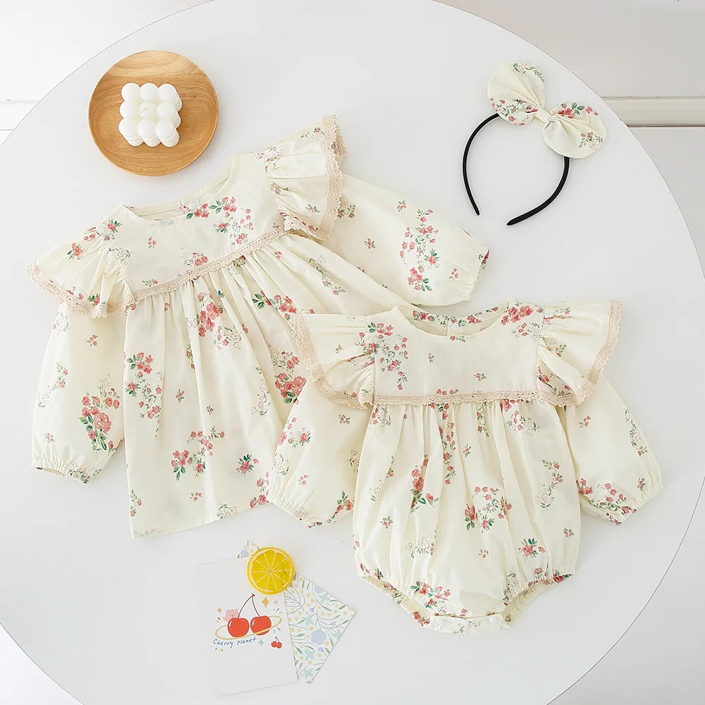 

Spring 2024 ins baby girl rompers lace flower printed loose infant girls jumpsuit ruched long flying sleeve toddler girls dress