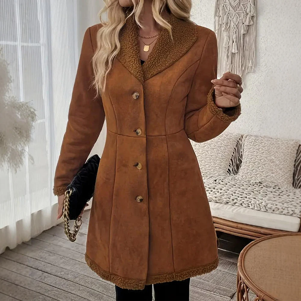 

Женское замшевое шерстяное пальто, однотонный повседневный топ средней длины в стиле ретро, осень-зима, Новое поступление из Европы и Америки