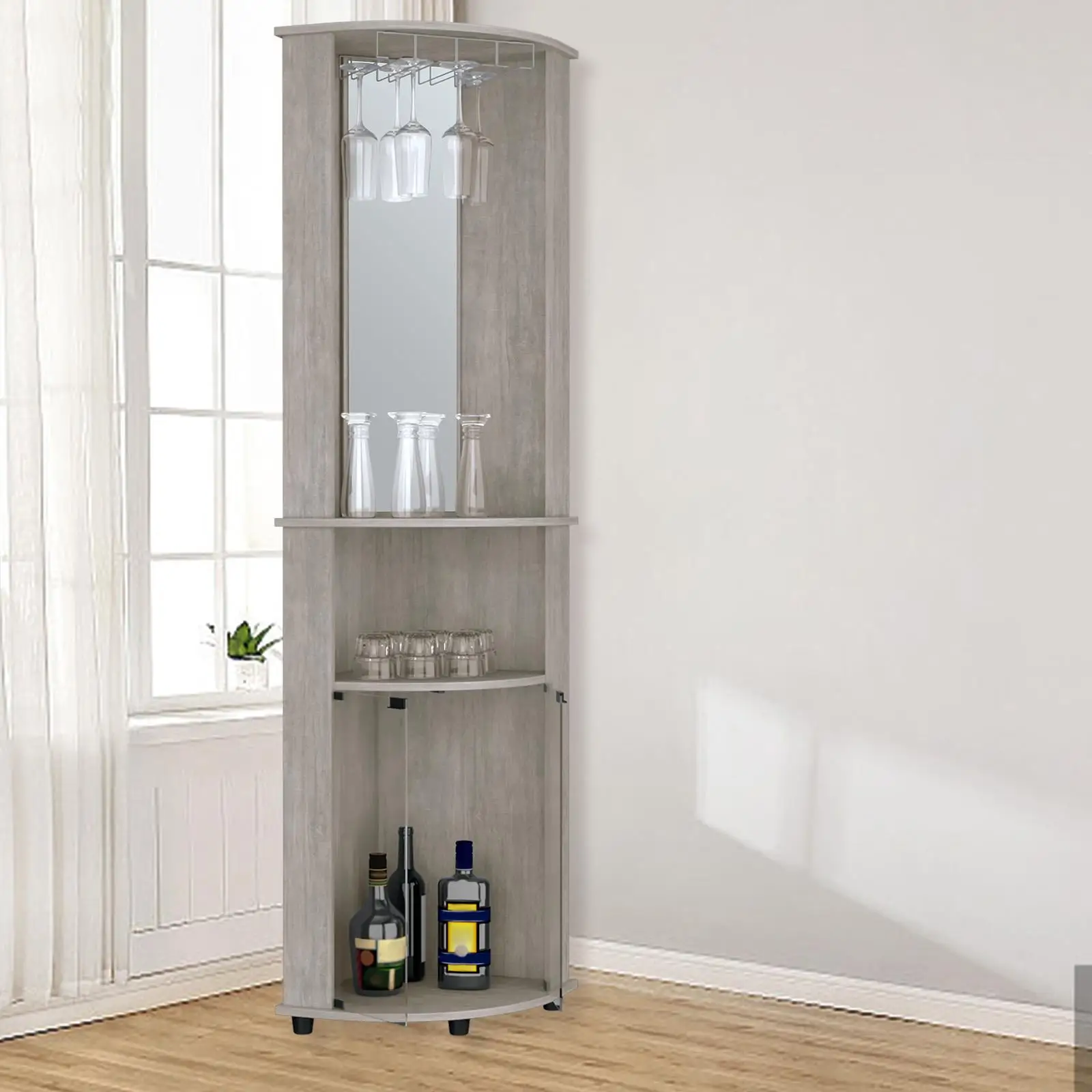 Corner Bar Cabinet by : 3-Tier Shelf, Glass Rack, and Mirror - Stylish,