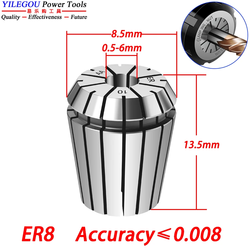 CNC Spring Collet ER8 Inner Bore 0.5-6mm 65 Manganese Steel ER8 Spring Chuck High Precision ≤0.008mm Engraving Machine ER8 Clamp