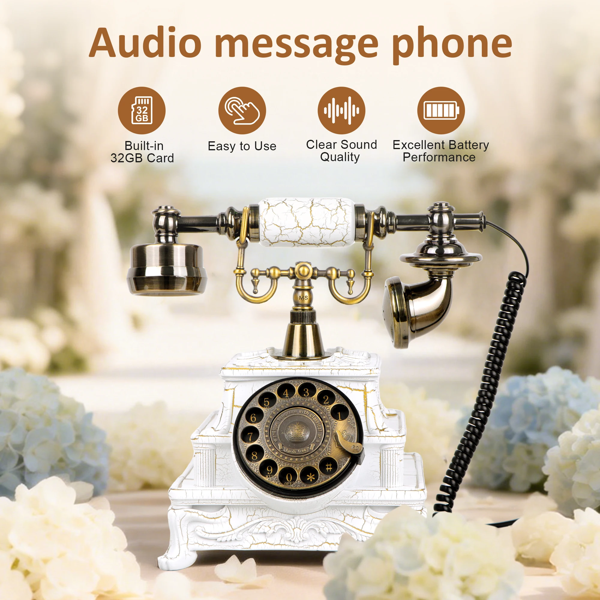 Audio Vintage Guest Book Telephone, Antique Brass Retro Recordable Phone for Wedding, Birthday Party, Unique Message Souvenirs