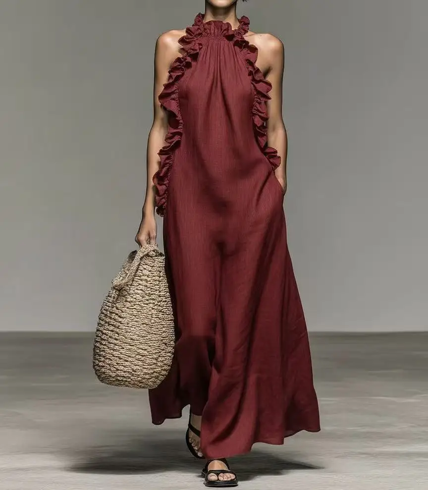 

Elegant Ruffle Halter Maxi Dress Summer Elegant Sleeveless Sundress Elegant Harajuku Maxi Dress Beach Party Evening Vestidos