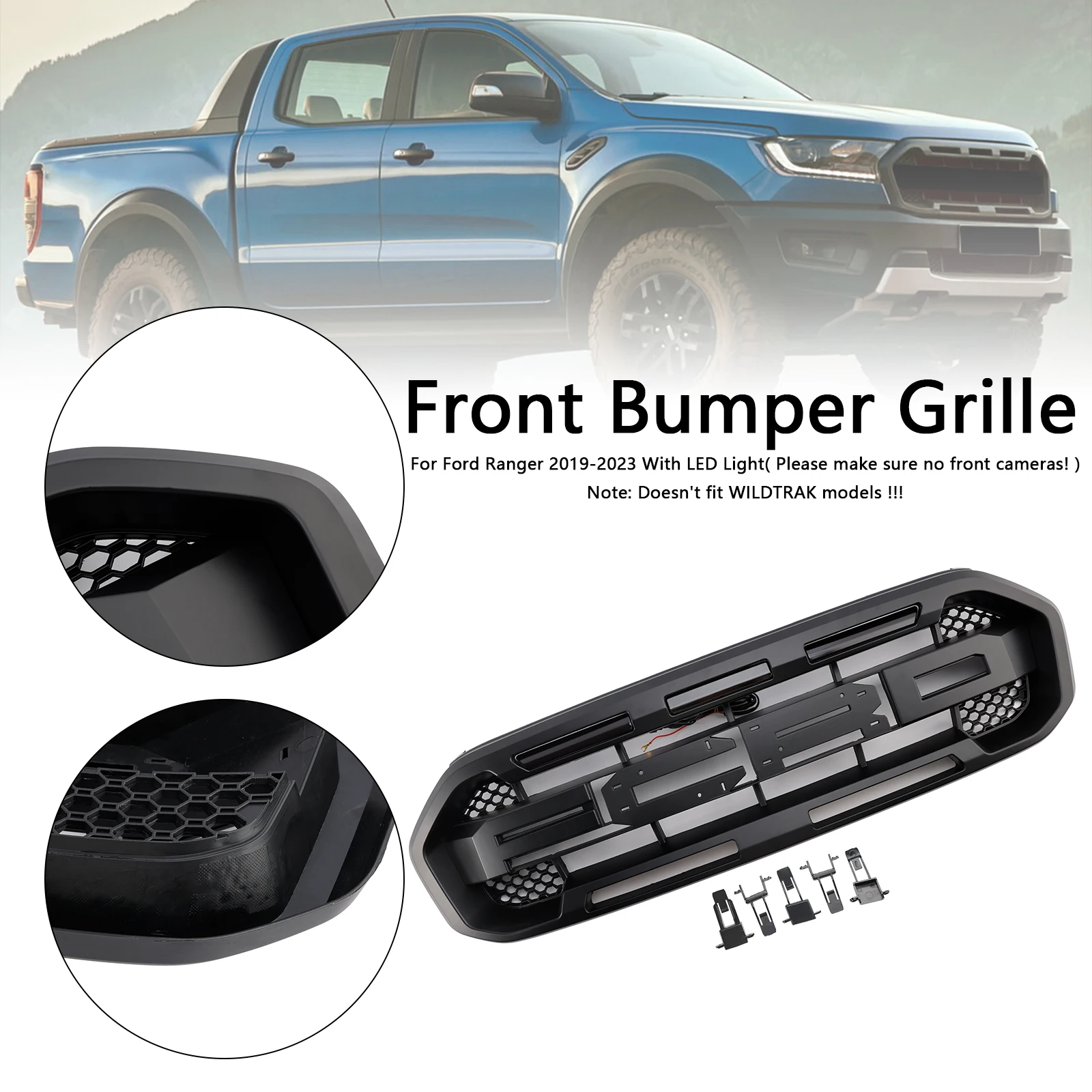 

Artudatech Black Raptor Style Front Bumper Grill Grille Fit for Ford Ranger with LED Light 2019-2023 Car Accessories