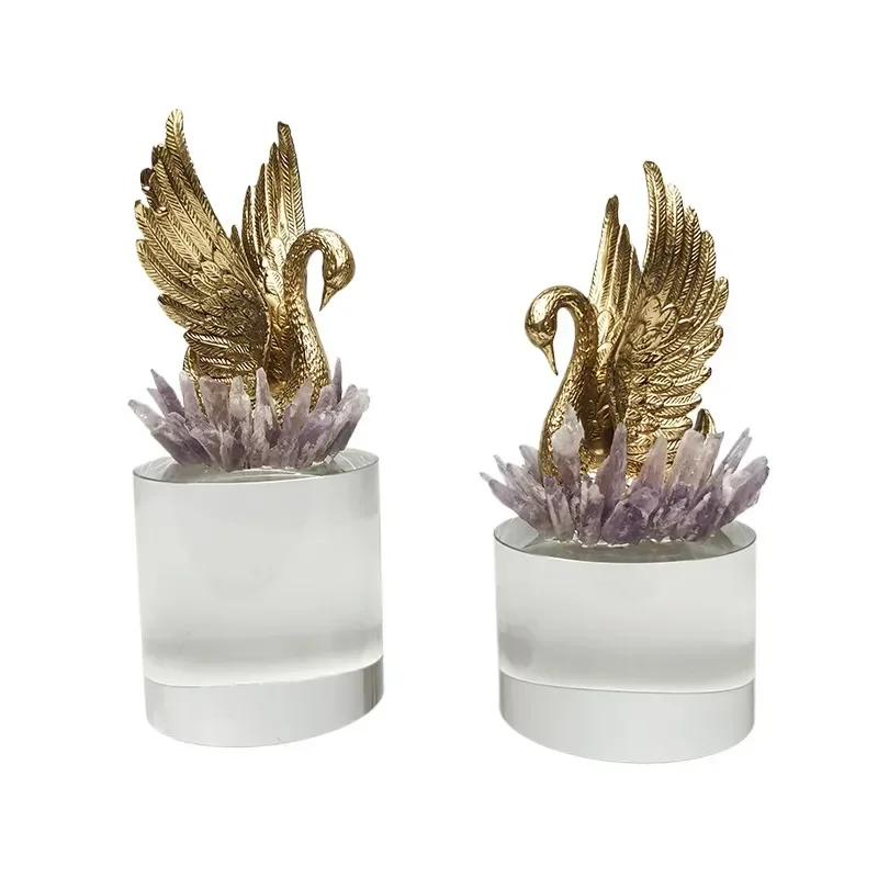 Modern Light Luxury Crystal Copper Swan Ornament Nordic Style Animal Figurine for Model Room Decor Internet Celebrity Home