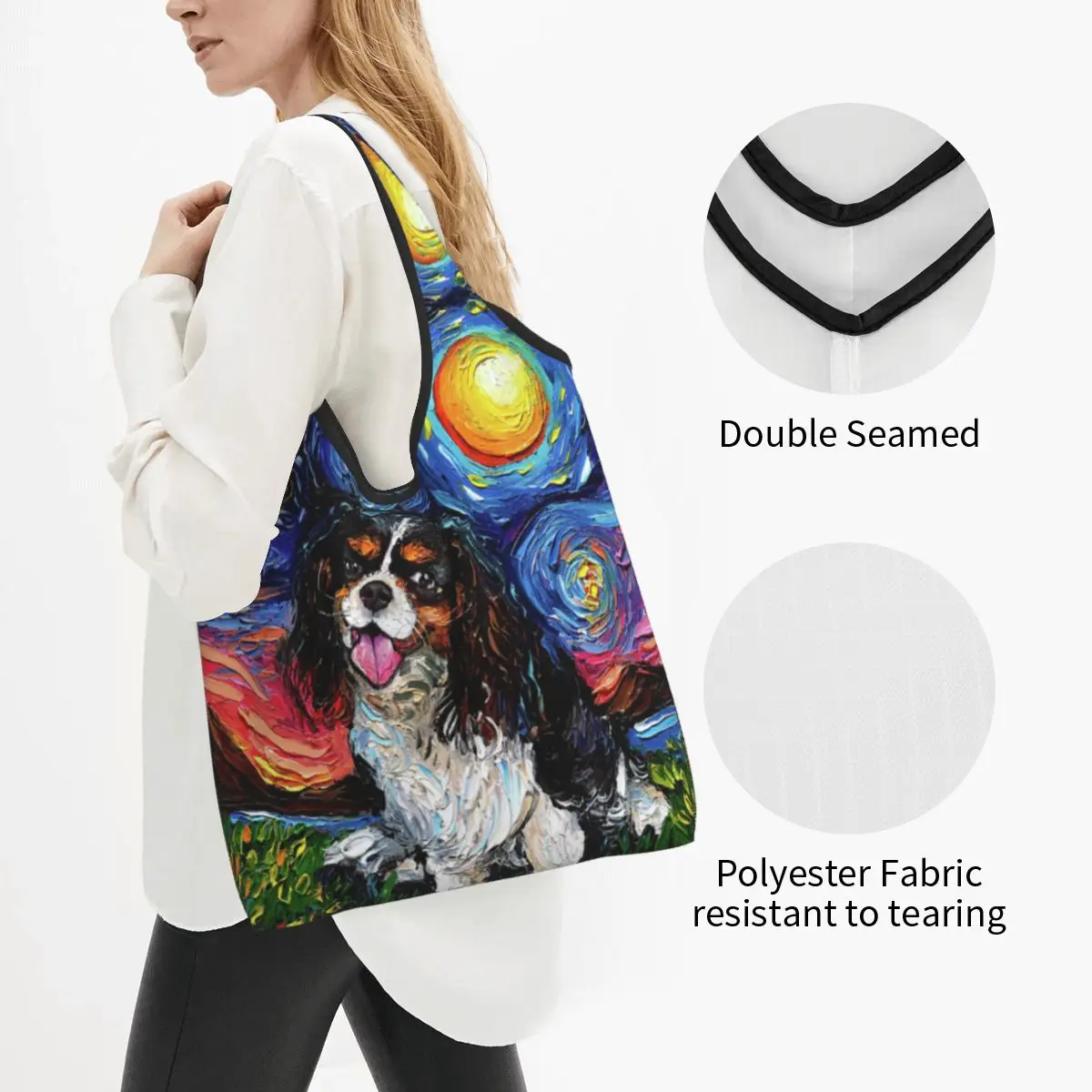 Cute Print Cavalier King Charles Spaniel Starry Night Shopping Tote Bag portatile Shoulder Shopper Pet Dog Lover Handbag