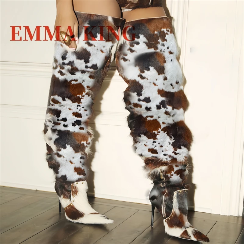 

Cow Pattern Faux Horsehair Thigh High Boots Women's Stiletto Heels Rivet Long Boots Ladies Pointy Toe Furry Over The Knee Boots