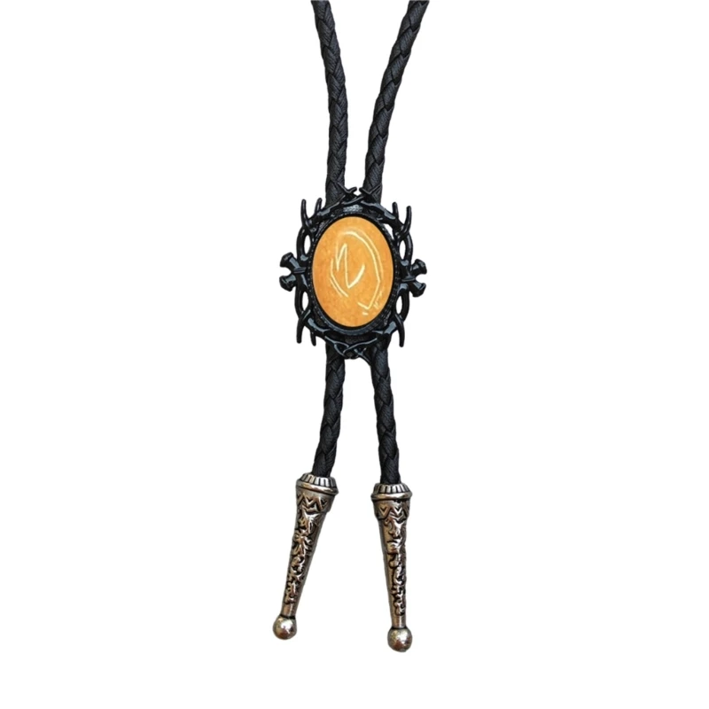 

Faux Leather Rope Cowboy Bolo Tie with Vintage Black Frame Stone Pendant for Unisex Western Jewelry Necktie Necklace