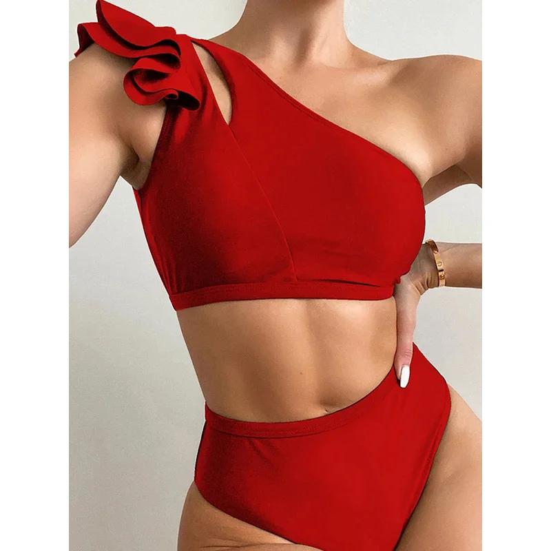 One Shoulder Bikinis 2026 Women Ruffle Swimsuit Solid High Waist Swimwear Female Padded Bathers Bathing Swimming Suit Beachwear
