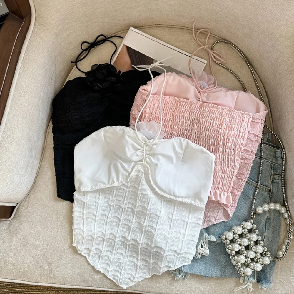 Haut à bretelles sans manches pour femmes, Camisole, Design de fleurs douces, col à volants, dos nu, doux et épicé, Streetwear pour filles