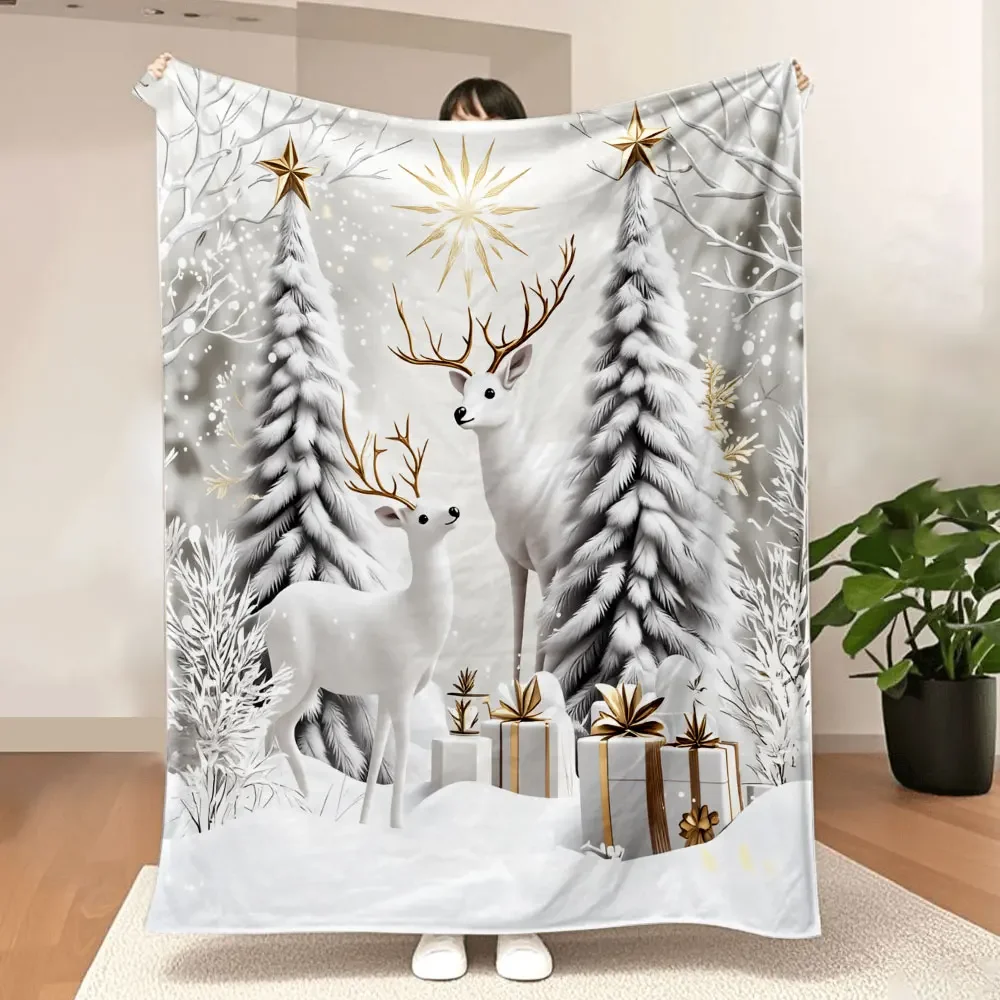 Christmas Winter Wonderland Blanket - Featuring Two White Deer with Golden Antlers, Snow-Covered Evergreens, Golden Sunburst & G