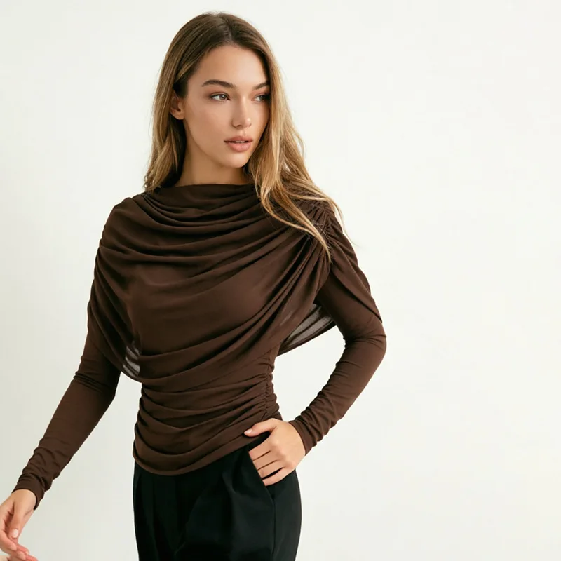 2026 Frühling Sommer Damen Langarm-T-Shirt mit drapiertem Kragen, plissiertem Schal, schmal geschnitten, Stretch-Oberteil, elegant, lässig, Alltagskleidung – Detail 19