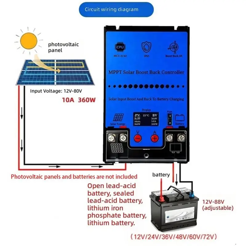 ABRU-For Buck Boost Solar MPPT Controller 10A 360W, 12V-80V Input, 12V-88V Output, 98% Efficiency, For Lead-Acid/Lifepo4 Batteri