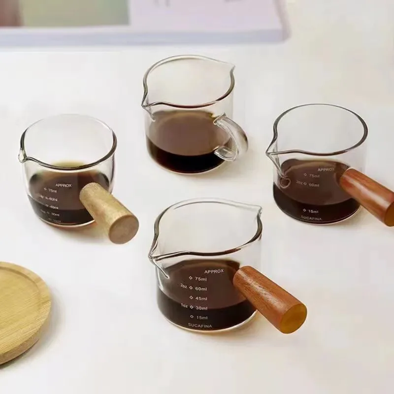 Hot Wooden Handle Hand-brew Coffee Machine Single/double-mouth Glass Coffee Measuring Cup Precise Scale, Reusable LIJIAO