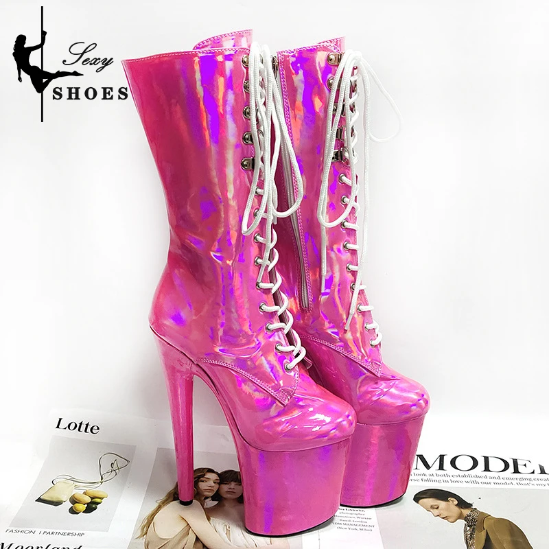 7 pollici/17CM stivaletti da donna Fetish Laser Color Pole dance Shoes stivali moderni a metà polpaccio tacco sottile spogliarellista scarpe con