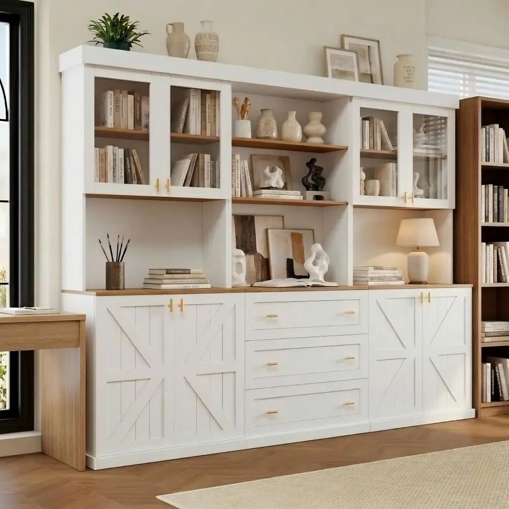 

Tall Farmhouse Bookshelf Set of 3, White Wood Bookcases with Acrylic Glass Door amp Drawer, Adjustable Shelves, Coffee Stand, O