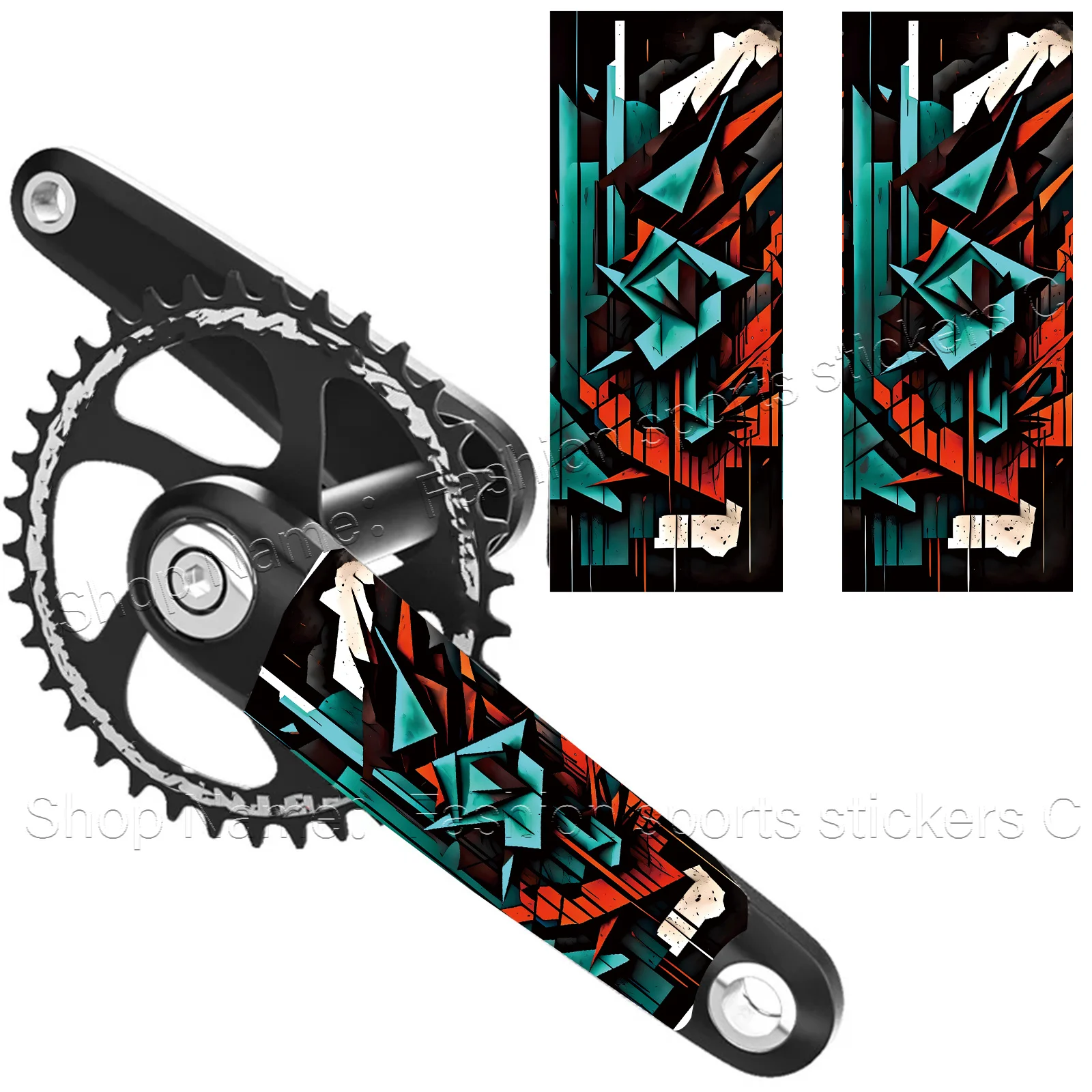 2Pcs Teal Orange Geometric Graffiti Crank Arm Stickers, Waterproof Scratchproof Decals For Mountain & Road Bikes