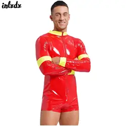 Mens Sexy Firefighter Uniform Sam Firemen Cosplay Costume Long Sleeve Patent Leather Front Zipper Boyshorts Bodysuit Jumpsuit