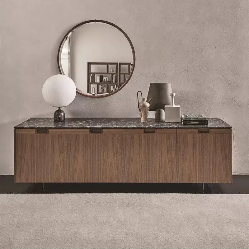 Italian light luxury high-end walnut TV cabinet marble countertop bedroom low cabinet model room villa long cabinet