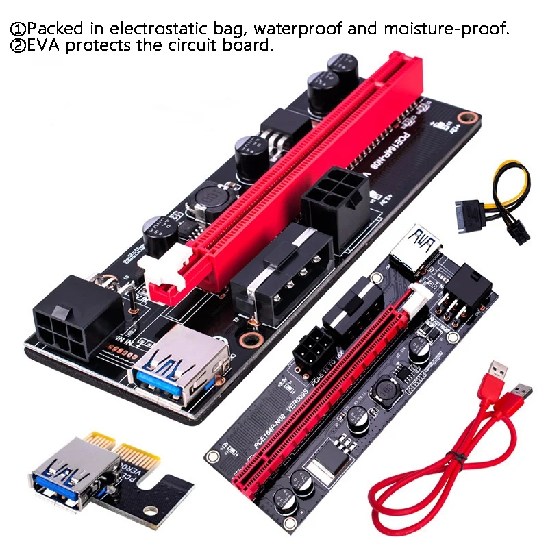 PCI-E Pcie Riser 009 Express 1X a 16X extensor PCI E USB Riser 009S tarjeta adaptadora Dual de 6 pines SATA 15 pines para minero de Bitcoin
