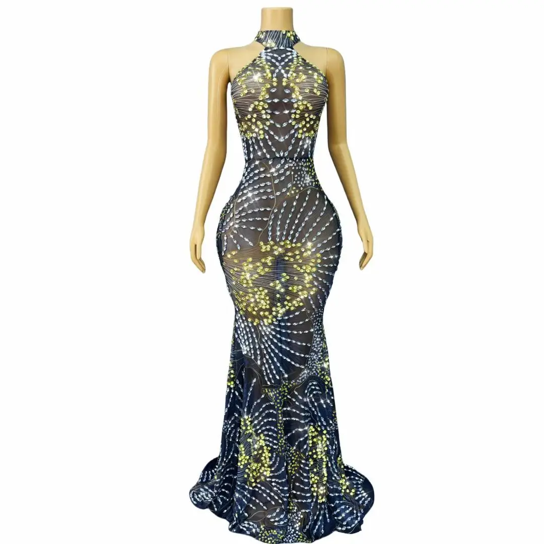 Jinsixiye Luxury Women Evening Gowns Sexy Black Transparent Mesh Full Diamond Hanging Neck Dress Banquet Celebrity Runway Dress