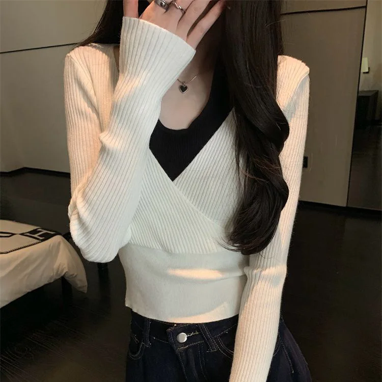 

Fake 2 Piece Halter Tops Korean Women Clothing Slim Fit Long Sleeve Sweater Knitted Pullover Color Block 2025 New Fall Winter