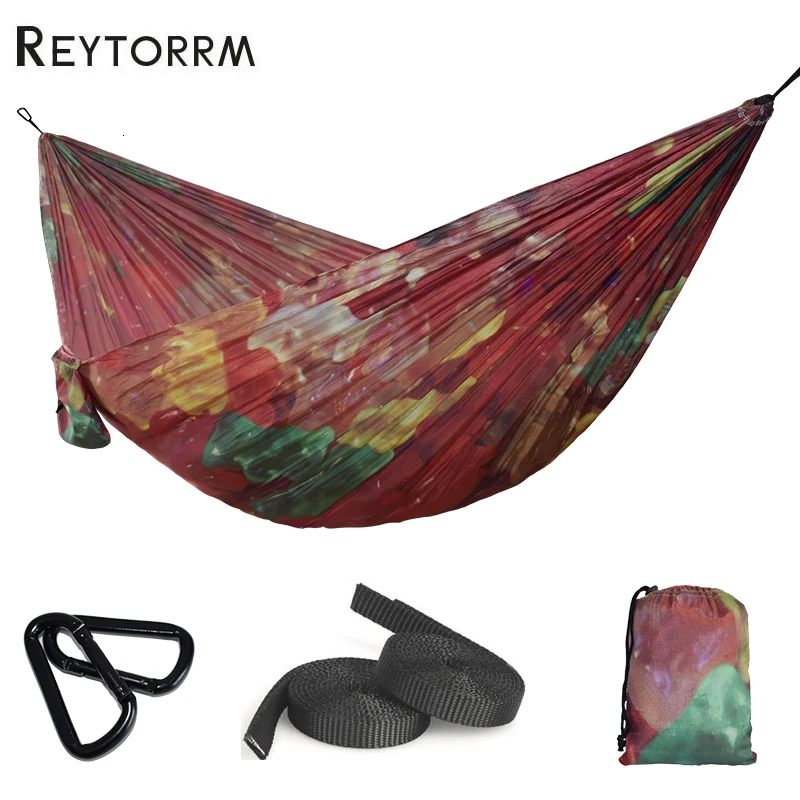 Parachute Printed Nylon Double Hammock Portable Hammock with Carabiners and Hanging Kit for Outdoor Adventure Backpacking Travel