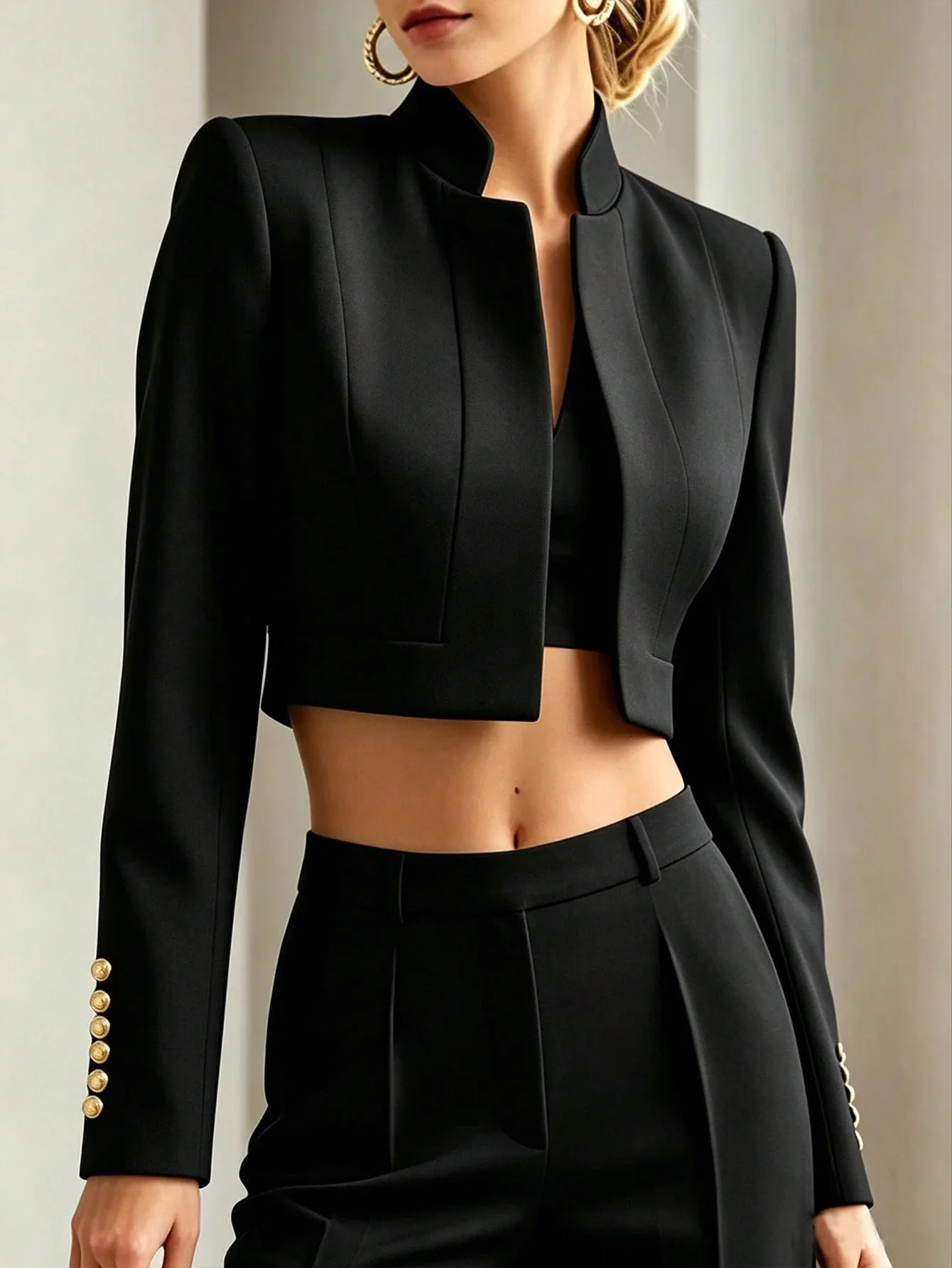 Eleganter Damen-Cropped-Blazer mit Stehkragen, Langen Ärmeln, Metallverzierung an den Manschetten und Knöpfen, Formeller Business-Kurzmantel – Detail 4