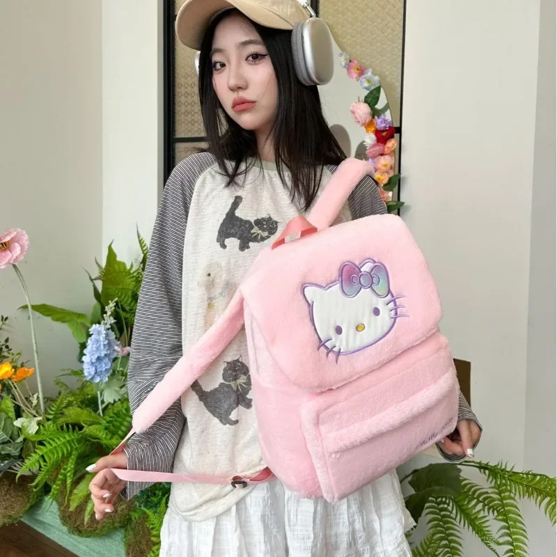 

2024 New Sanrio Hello Kitty Plush Backpack Kawaii Cartoon Animation Girls Bag Cute Large Capacity Cinnamoroll Pattern School Bag