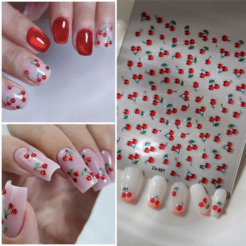 1 Sheet Chic Self Adhesive Manicure Decal Lovely Red Fruit Strawberry Bowknot 5D Nail Art Stickers DIY Accessories