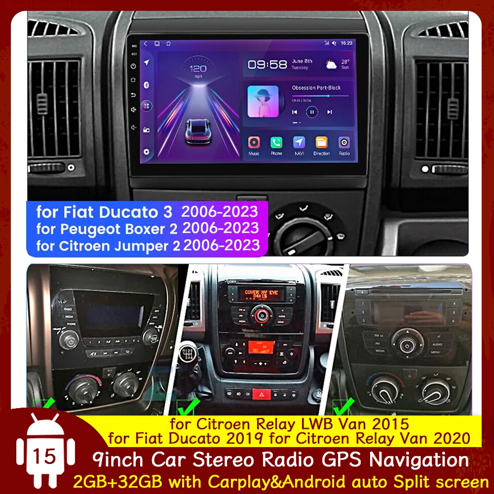 9'' Car Stereo Radio GPS Navigation for Fiat Ducato 3 Peugeot Boxer 2 Citroen Jumper 2 2006-2023 2+32G with Carplay Android Auto