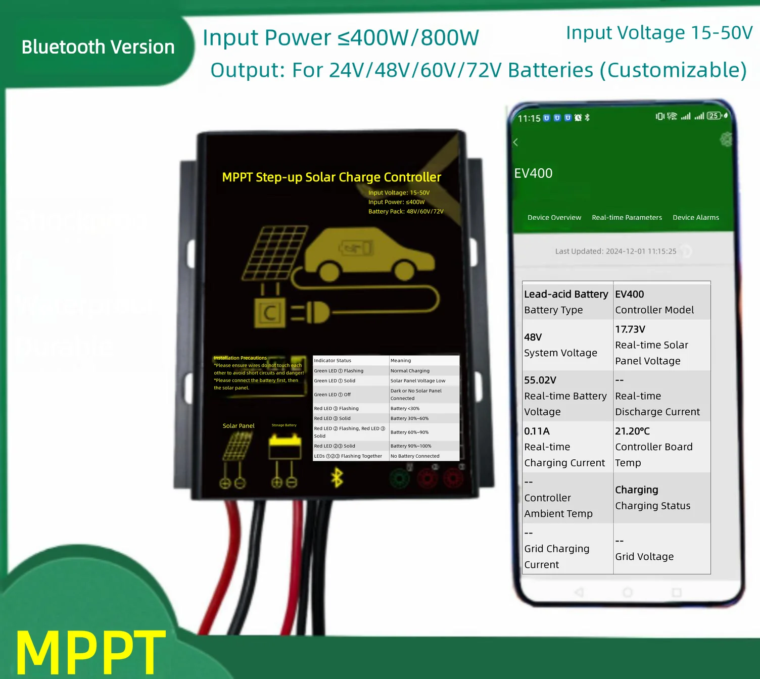 MPPT Solar Boost Charge Controller Bluetooth 24V 48V 60V 72V Battery 400W 800W For Electric Scooter E Bike Solar Panel