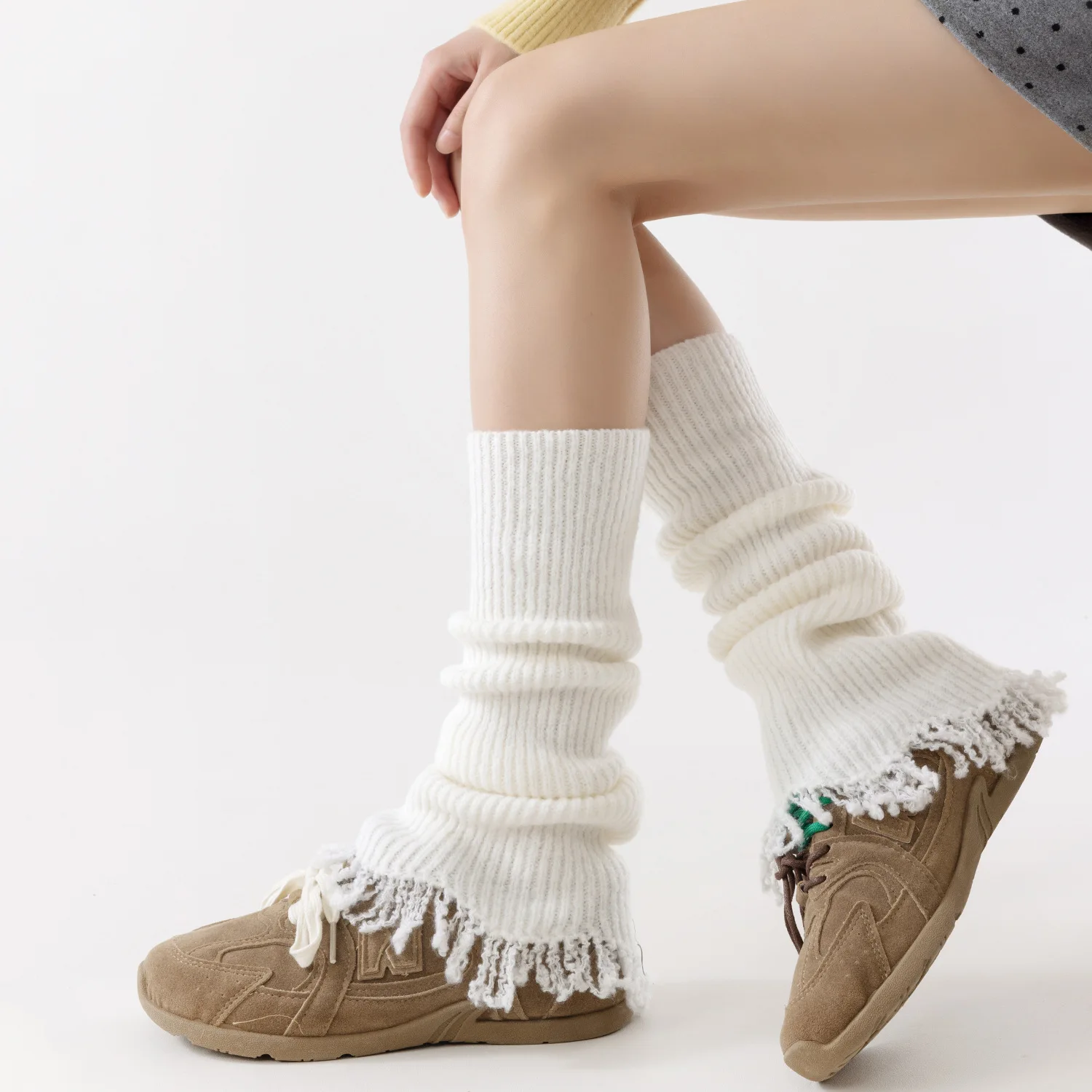 

Y2K Leg Warmers Grunge Knitted Boot Socks with Fringe Slouchy Thermal Winter Leg Warmers Women Girls Cute Aesthetic Cyberpunk​